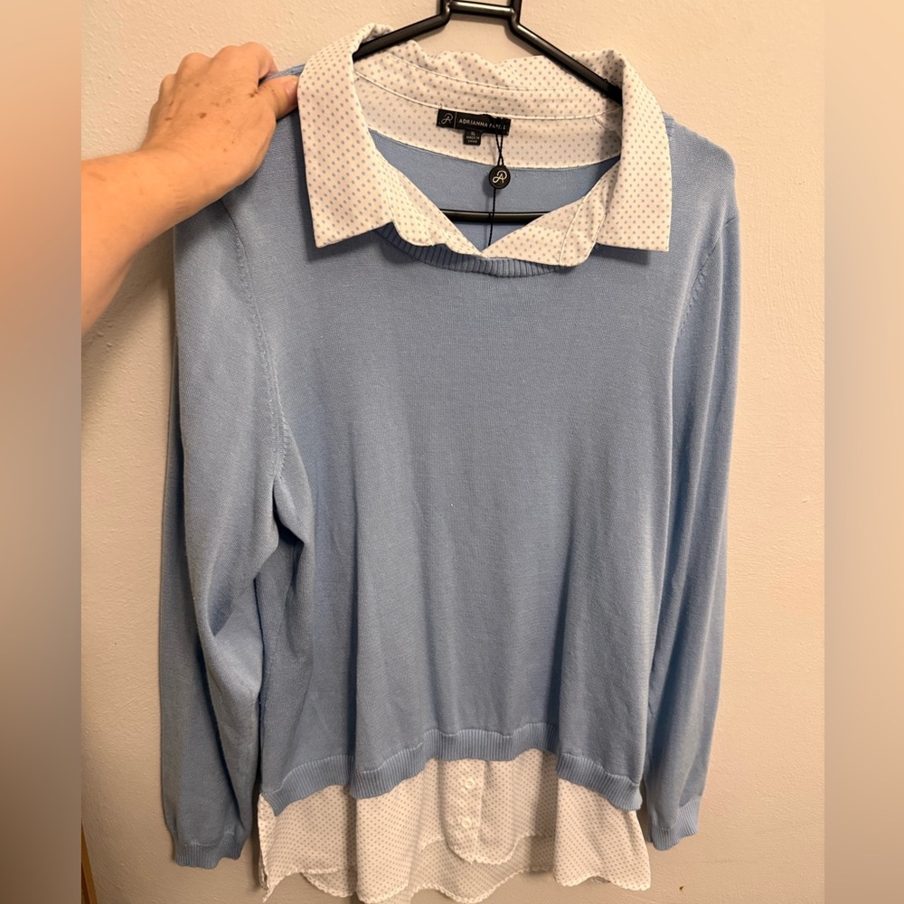 Sweater top with illusion of a blouse underneath